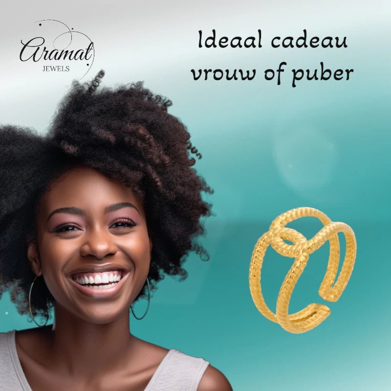 Stalen verstelbare ring -knoop met  motief - Goudkleur -