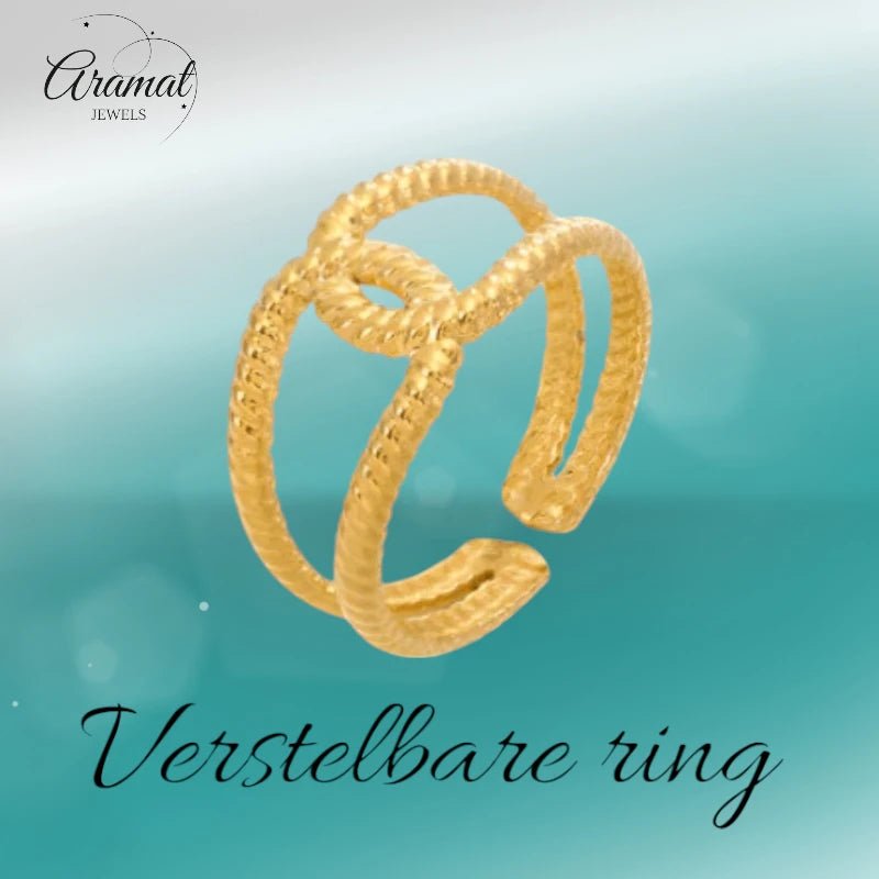 Stalen verstelbare ring -knoop met  motief - Goudkleur -