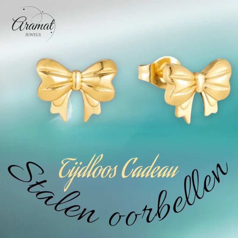 Stalen Strikjes oorbellen goudkleur-11mm -