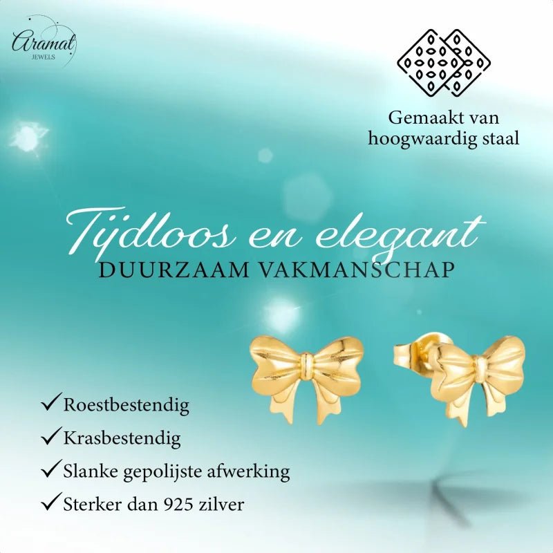 Stalen Strikjes oorbellen goudkleur-11mm -