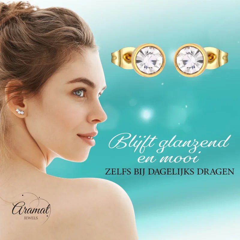 Stalen Ronde oorbellen met transparante kristal-8mm -
