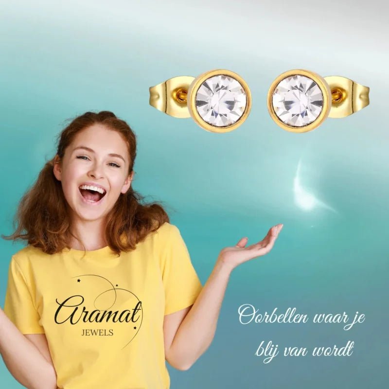 Stalen Ronde oorbellen met transparante kristal-8mm -