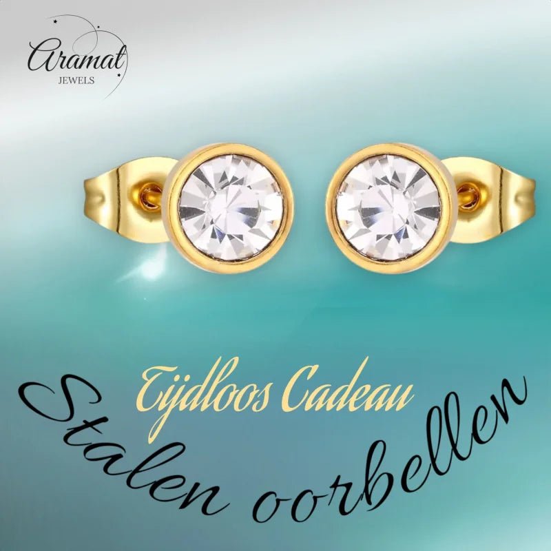 Stalen Ronde oorbellen met transparante kristal-8mm -