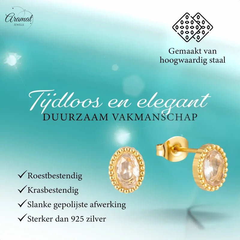 Stalen zirkonia oorbellen ovaal met bolletjes rand-8x6mm -