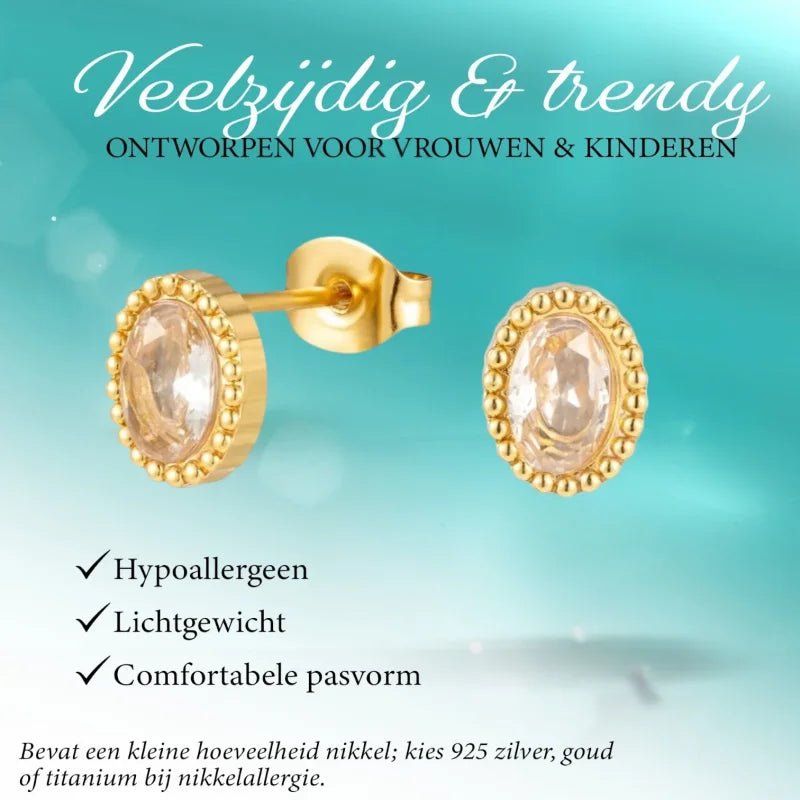 Stalen zirkonia oorbellen ovaal met bolletjes rand-8x6mm -