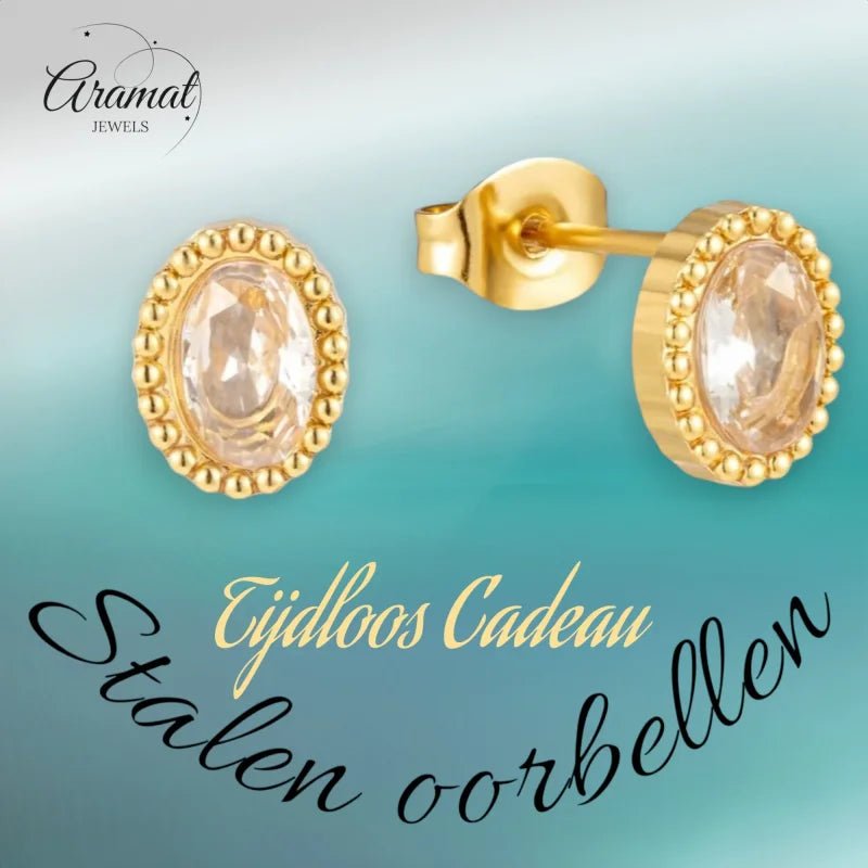Stalen zirkonia oorbellen ovaal met bolletjes rand-8x6mm -