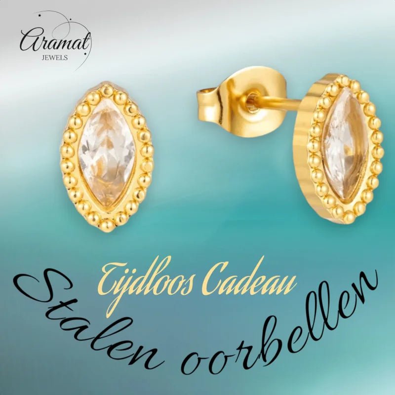 Stalen zirkonia oorbellen ovaal met bolletjes rand-9x6mm -