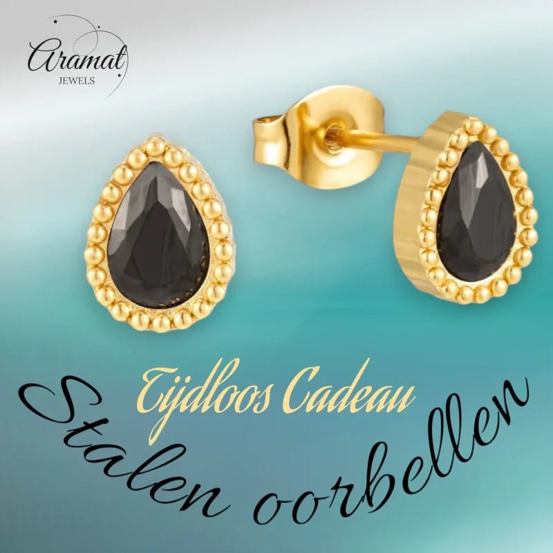 Stalen zirkonia oorbellen druppelvorm met bolletjes rand-8x6mm -