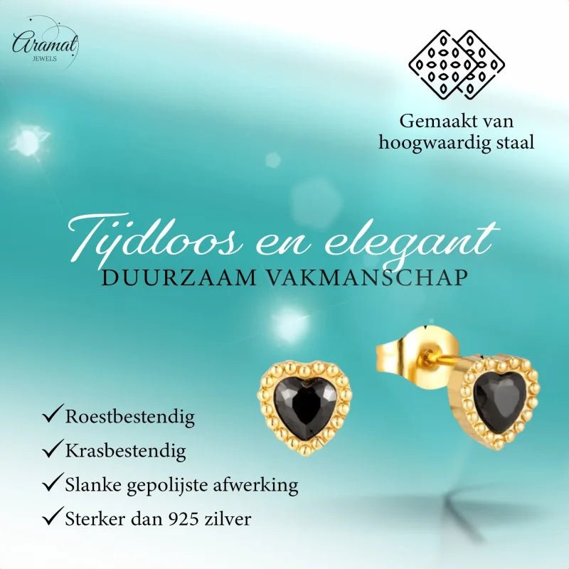 Stalen zirkonia oorbellen hartvorm met bolletjes rand-6mm -