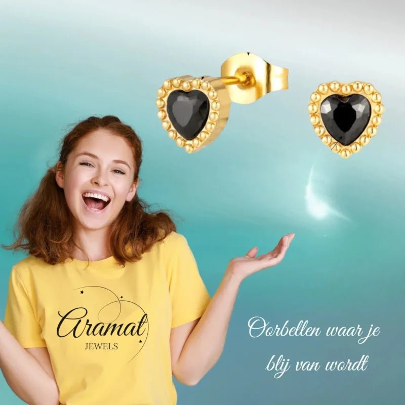 Stalen zirkonia oorbellen hartvorm met bolletjes rand-6mm -