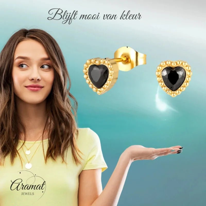Stalen zirkonia oorbellen hartvorm met bolletjes rand-6mm -