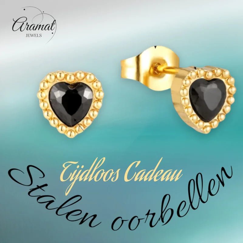Stalen zirkonia oorbellen hartvorm met bolletjes rand-6mm -