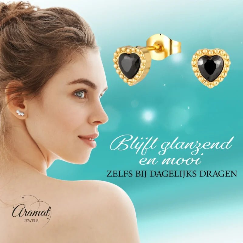 Stalen zirkonia oorbellen hartvorm met bolletjes rand-6mm -