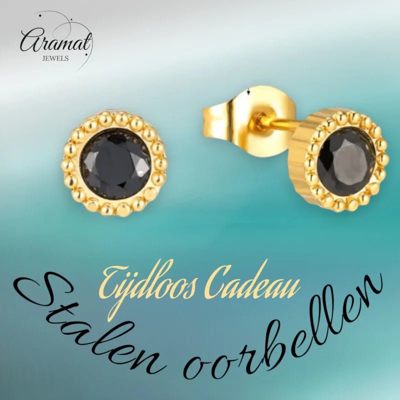 Stalen ronde zirkonia oorbellen met bolletjes rand-6mm -