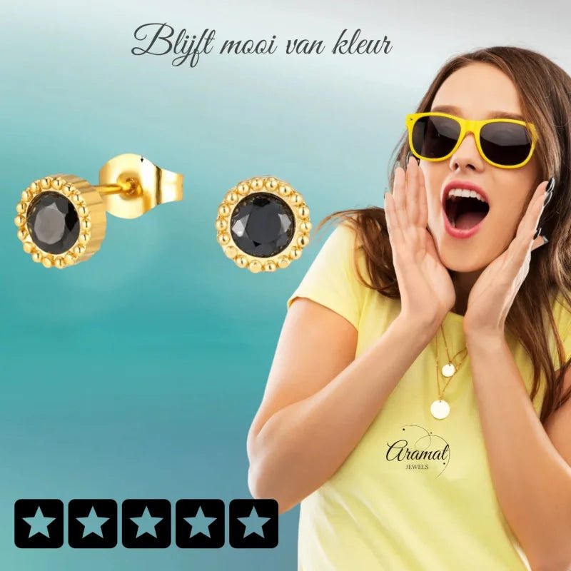 Stalen ronde zirkonia oorbellen met bolletjes rand-6mm -