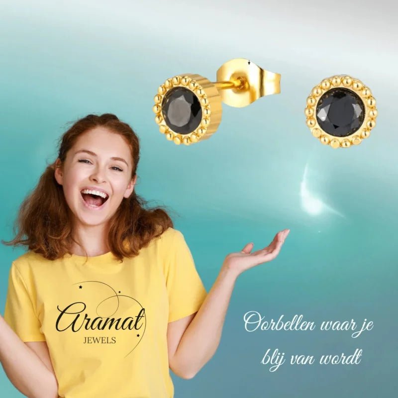 Stalen ronde zirkonia oorbellen met bolletjes rand-6mm -