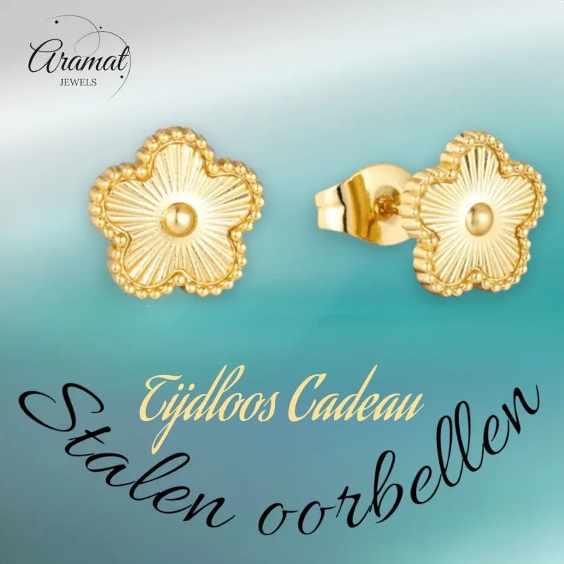 Stalen bloem oorbellen goudkleur-9mm -