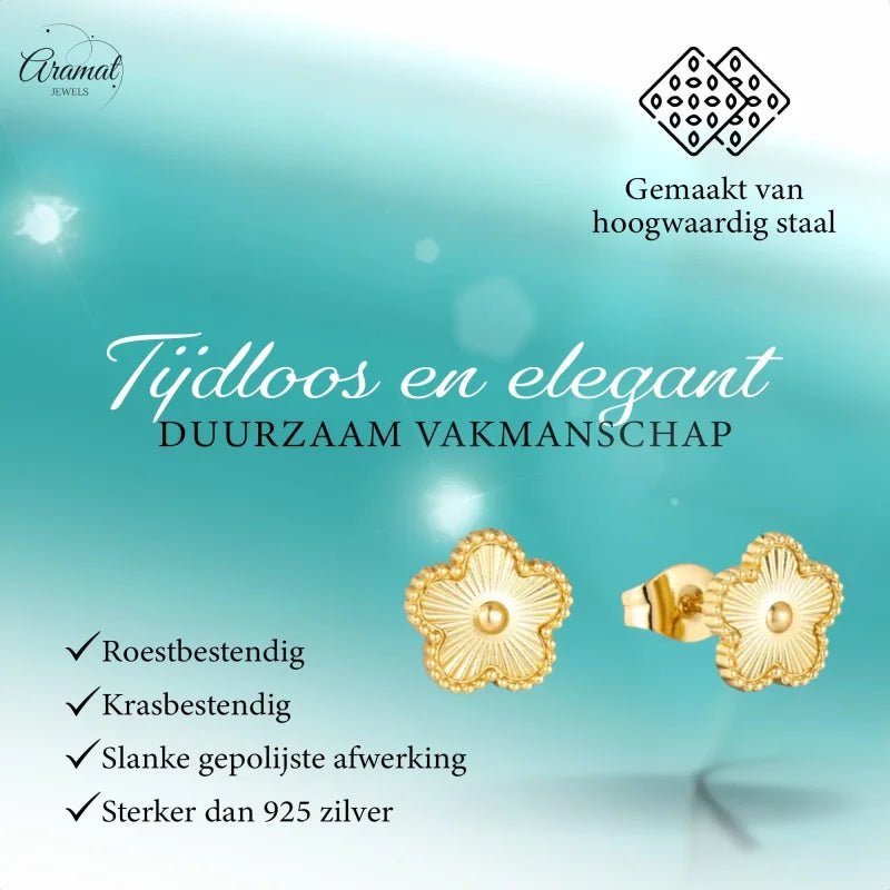 Stalen bloem oorbellen goudkleur-9mm -