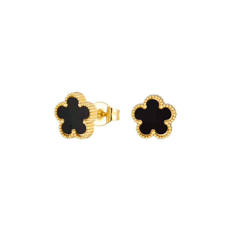 Stalen bloem oorbellen goudkleur-zwart-9mm -