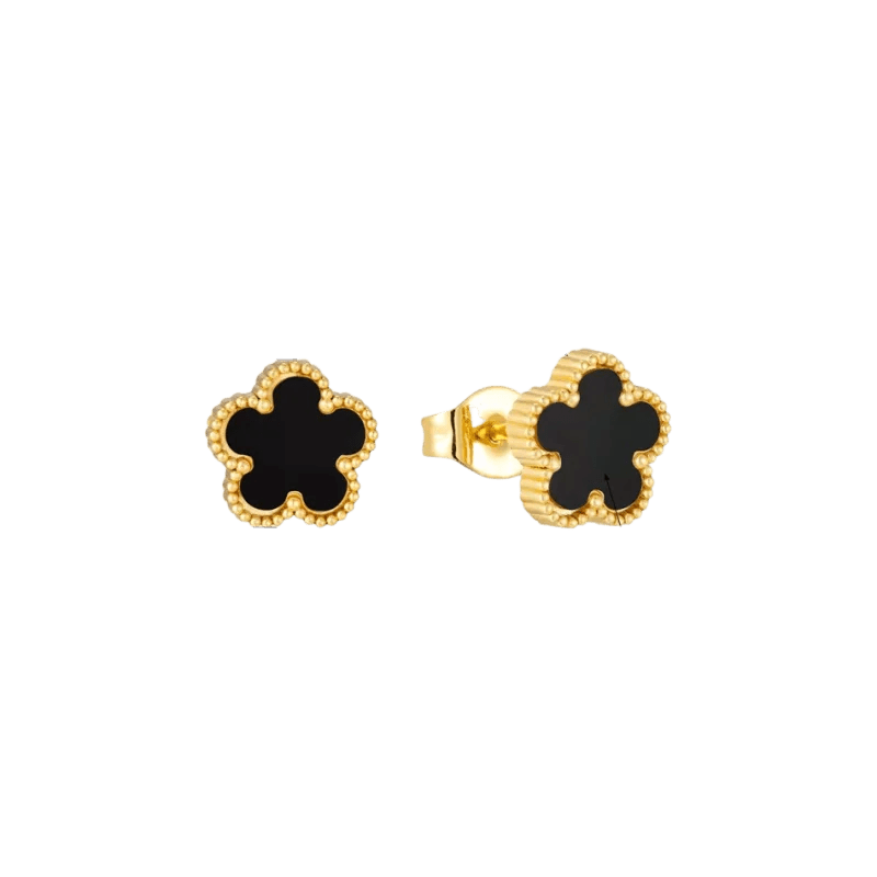 Stalen bloem oorbellen goudkleur-zwart-9mm -
