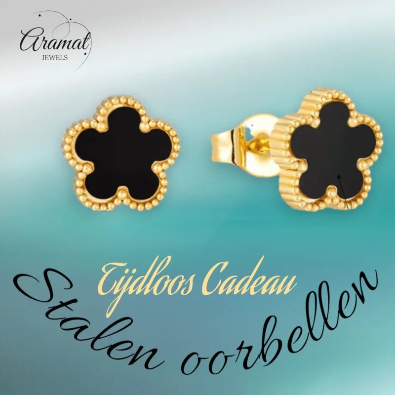 Stalen bloem oorbellen goudkleur-zwart-9mm -