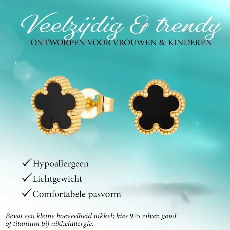Stalen bloem oorbellen goudkleur-zwart-9mm -