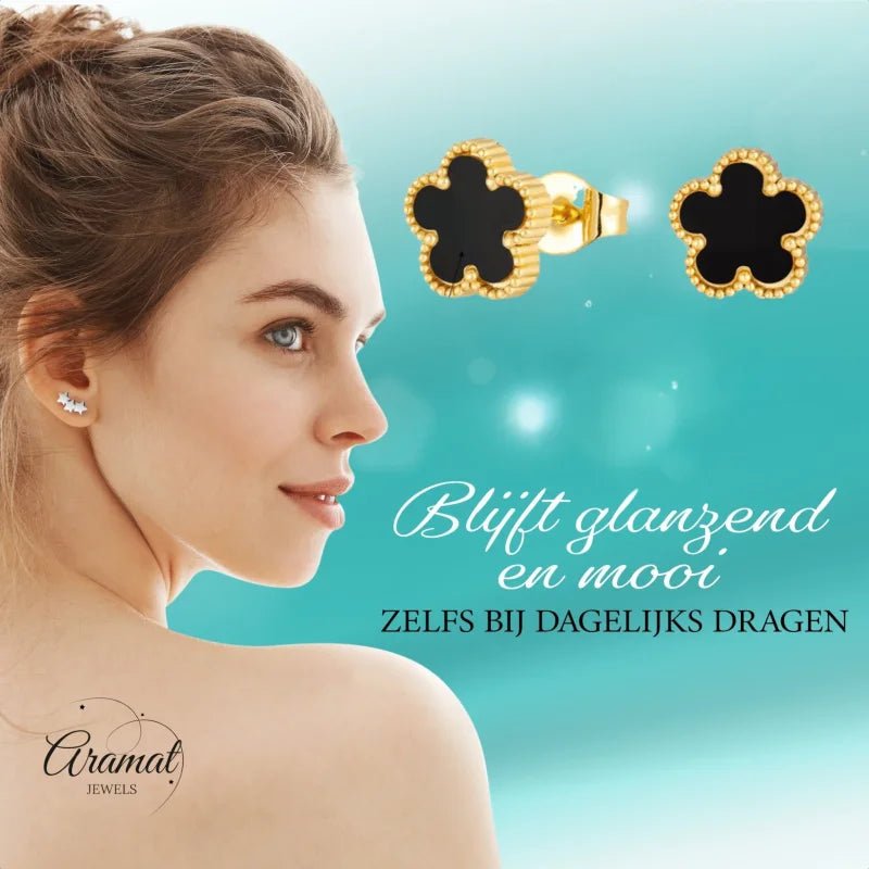 Stalen bloem oorbellen goudkleur-zwart-9mm -