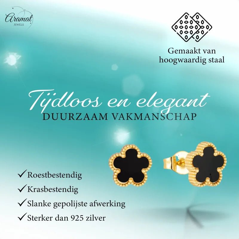 Stalen bloem oorbellen goudkleur-zwart-9mm -