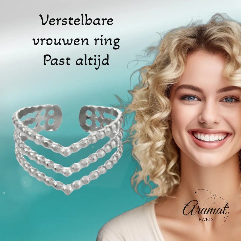 Brede Stalen verstelbare ring -V shape met bolletjes motief - Goudkleur -