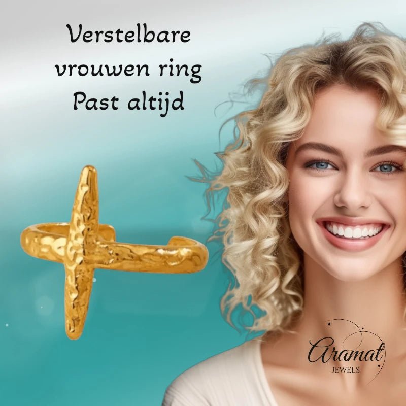 Stalen verstelbare ring - met motief en recht opstaande streep - Goudkleur -