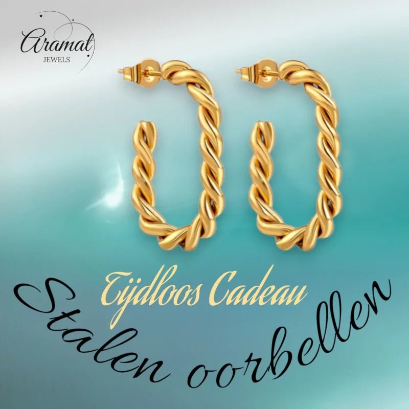 Stalen Dames Oorbellen Rechthoekig met Gedraaid Motief - Goudkleur -