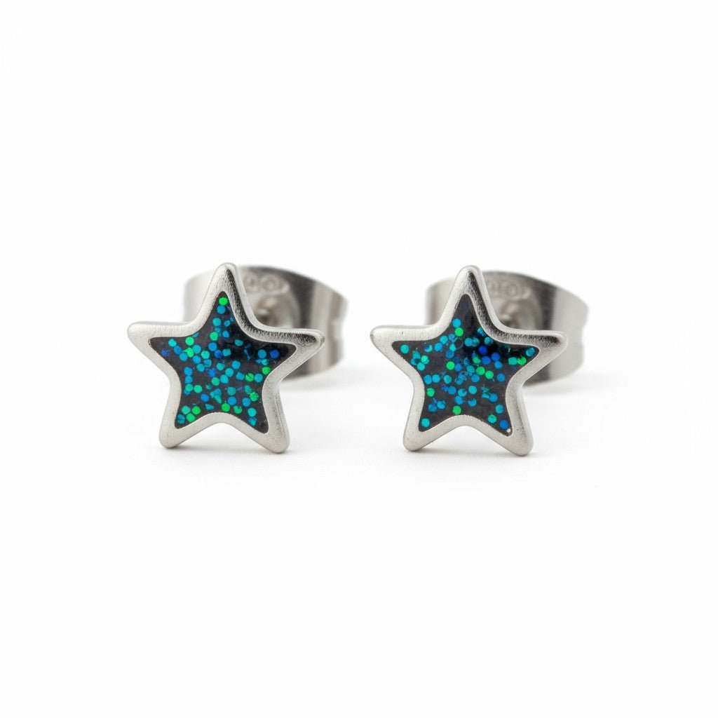 Stalen Emaille oorbellen ster met glitters - Zilverkleur / Zwart -