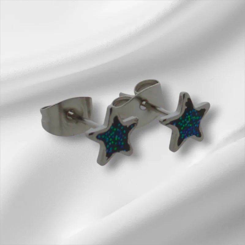 Stalen Emaille oorbellen ster met glitters - Zilverkleur / Zwart -