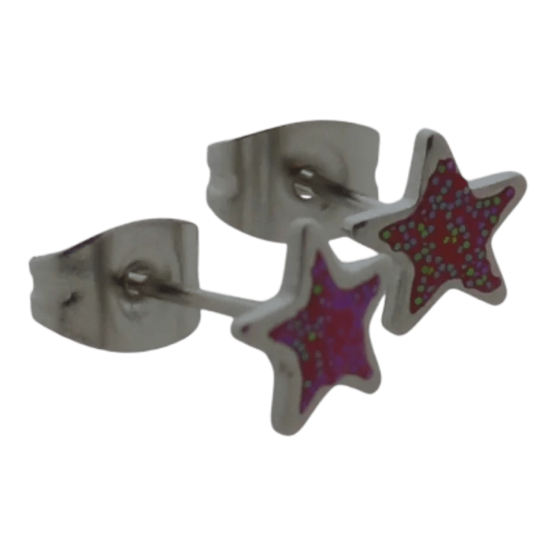 Stalen Emaille oorbellen ster met glitters - Zilverkleur / Zwart -