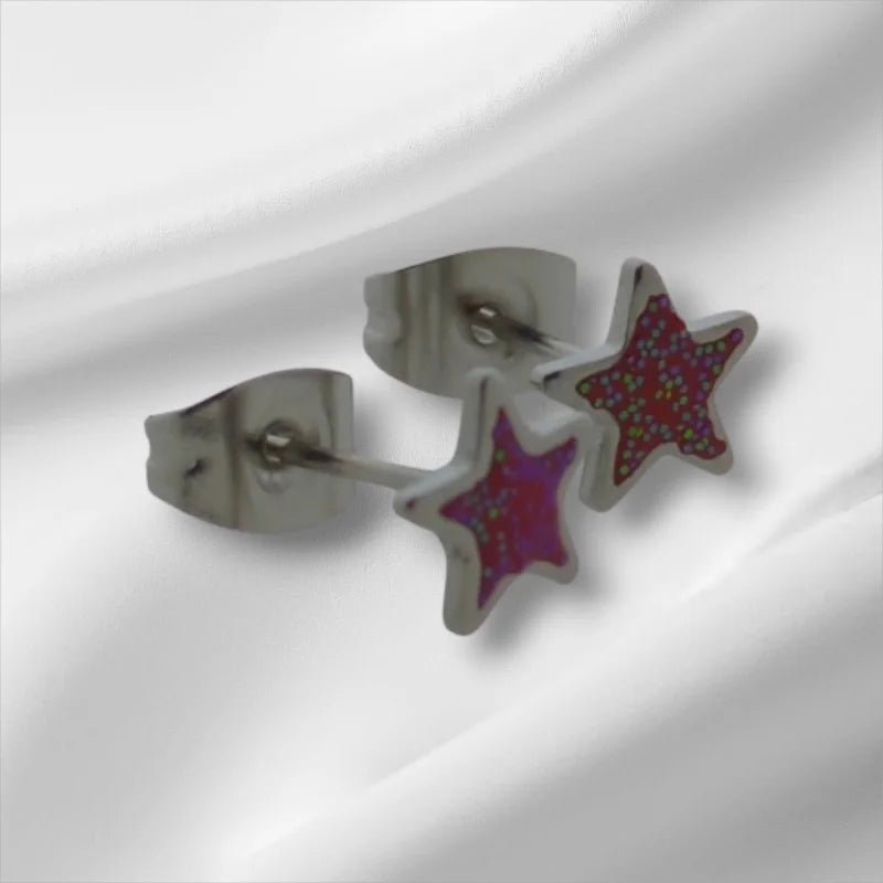 Stalen Emaille oorbellen ster met glitters - Zilverkleur / Zwart -