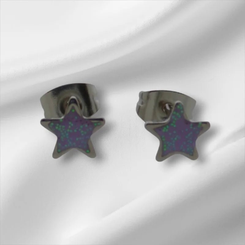 Stalen Emaille oorbellen ster met glitters - Zilverkleur / Zwart -