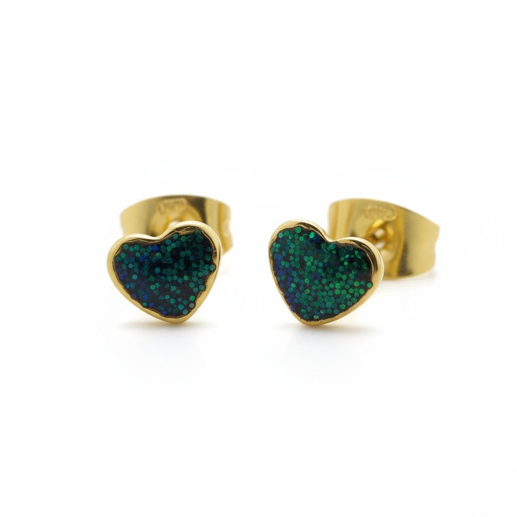 Stalen Emaille oorbellen hartje met glitters - Zwart -