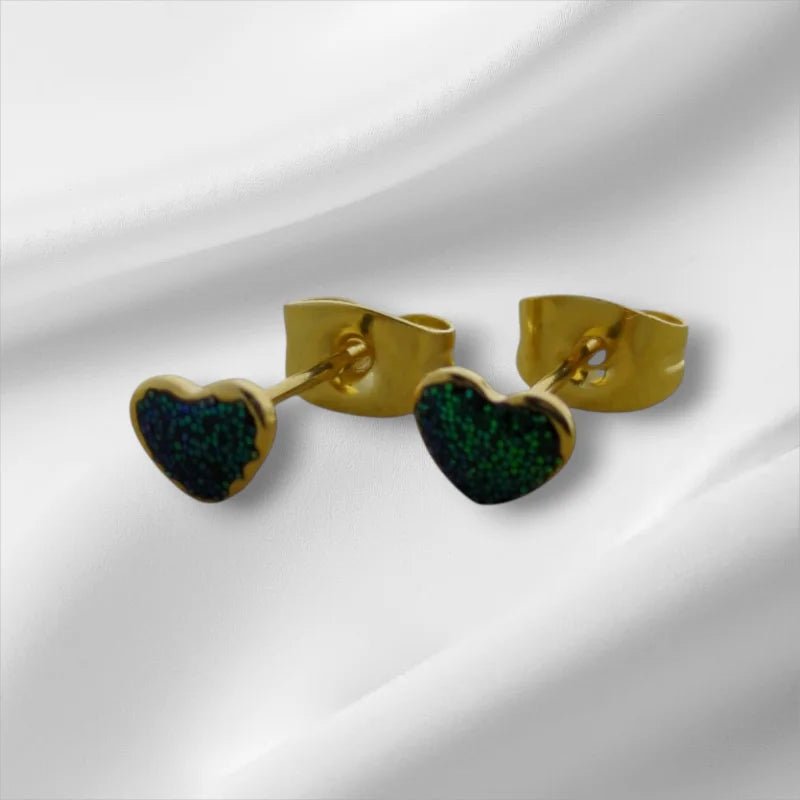 Stalen Emaille oorbellen hartje met glitters - Zwart -