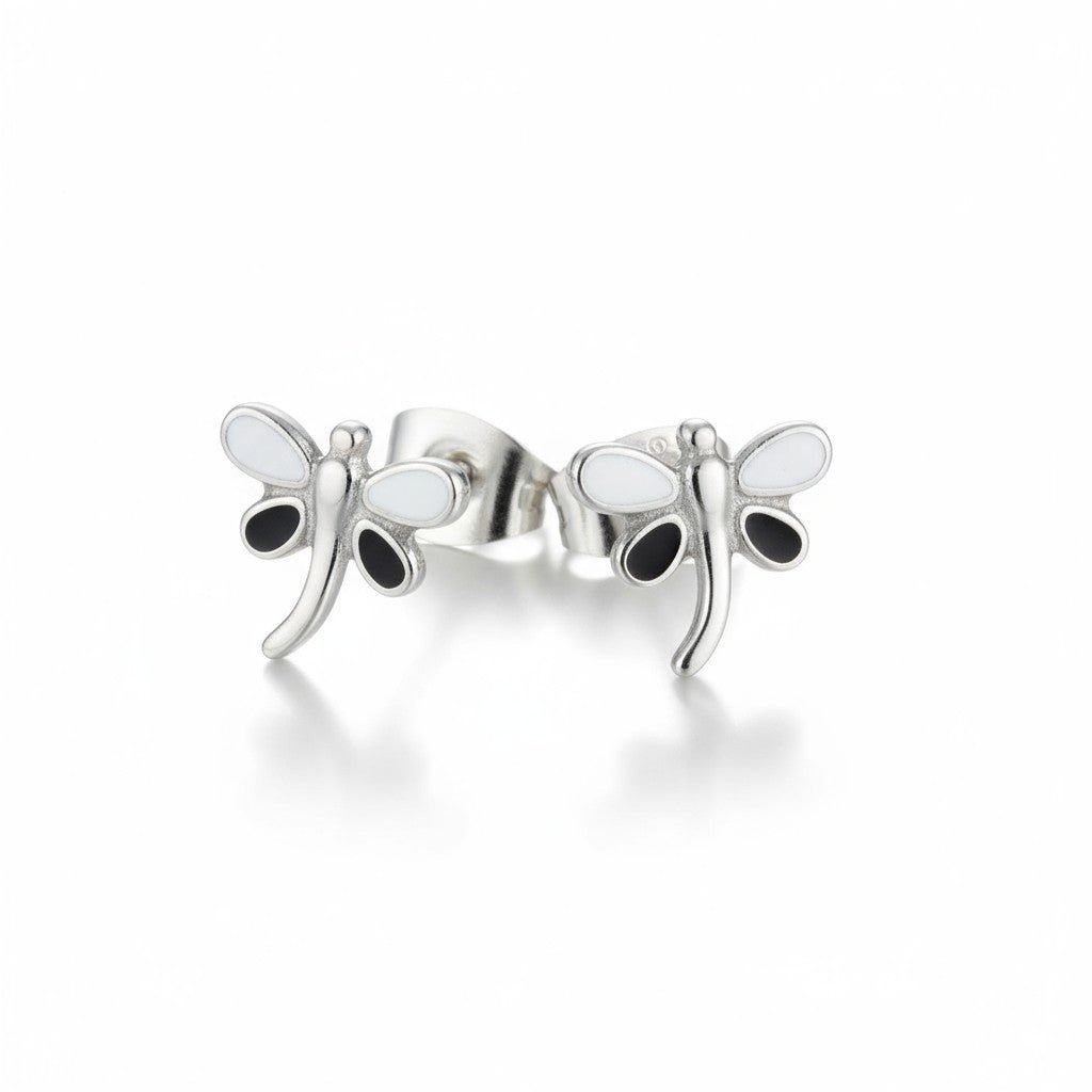 Stalen Emaille oorbellen Libelle - Zilverkleur / Zwart en Wit -