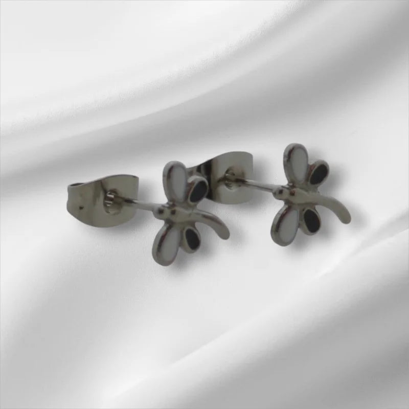 Stalen Emaille oorbellen Libelle - Zilverkleur / Zwart en Wit -