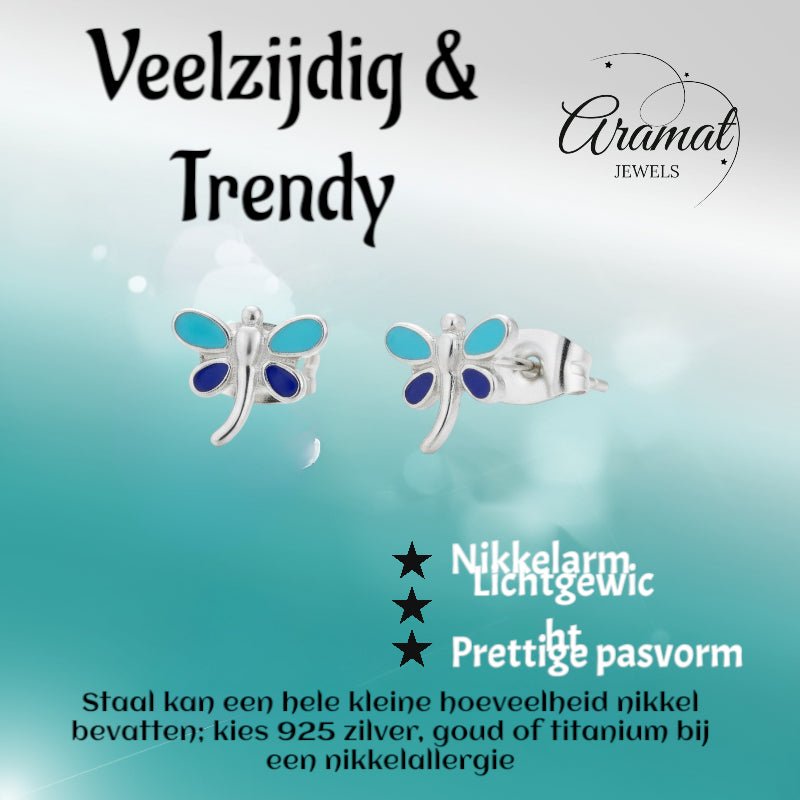 Stalen Emaille oorbellen Libelle - Zilverkleur / Zwart en Wit -