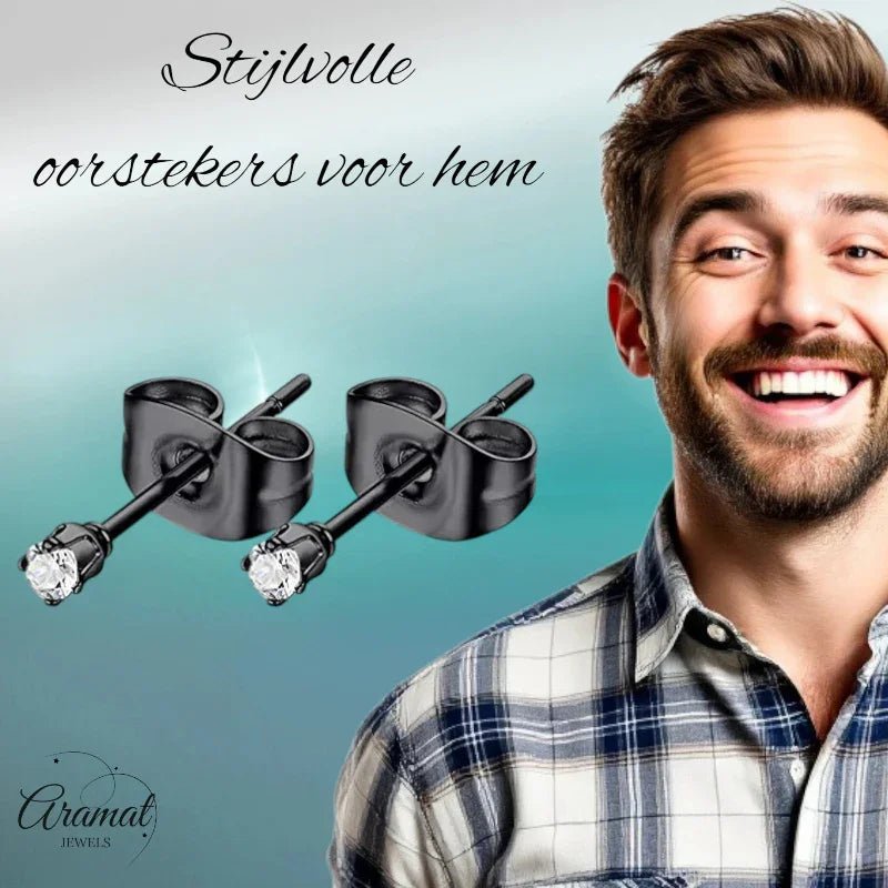 Stalen Zwarte Oorbellen met Transparante Zirkonia - 2mm -