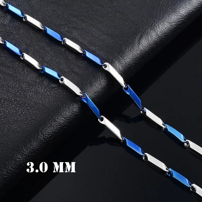 Bicolor Bamboo Ketting Blauw-Zilver Staal &acirc;&euro;&ldquo; 60cm - 60cm - Heren