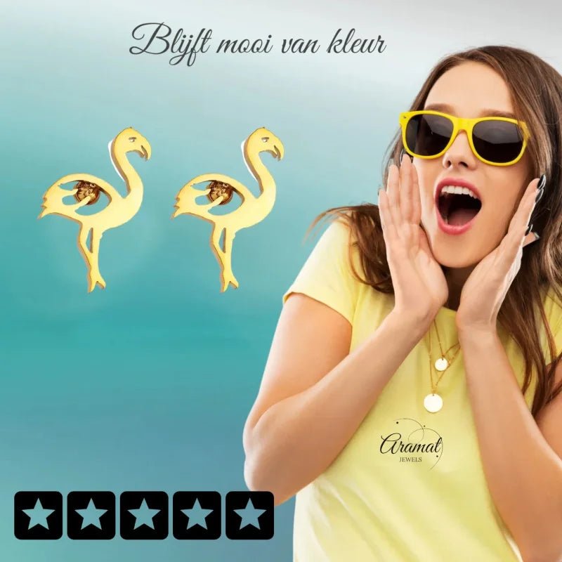 Goudkleurige Stalen Flamingo Oorbellen &acirc;&euro;&ldquo; RVS - Goudkleur -