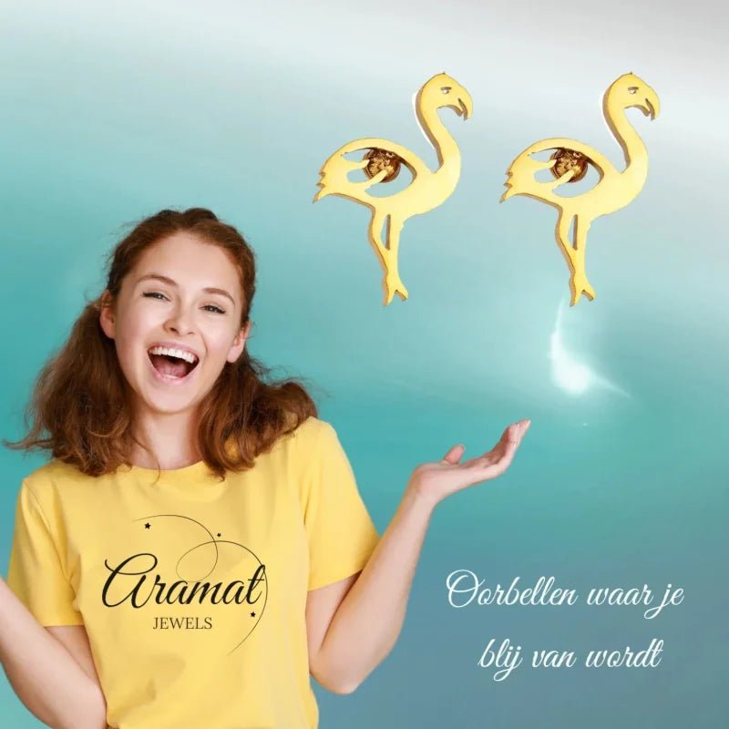 Goudkleurige Stalen Flamingo Oorbellen &acirc;&euro;&ldquo; RVS - Goudkleur -