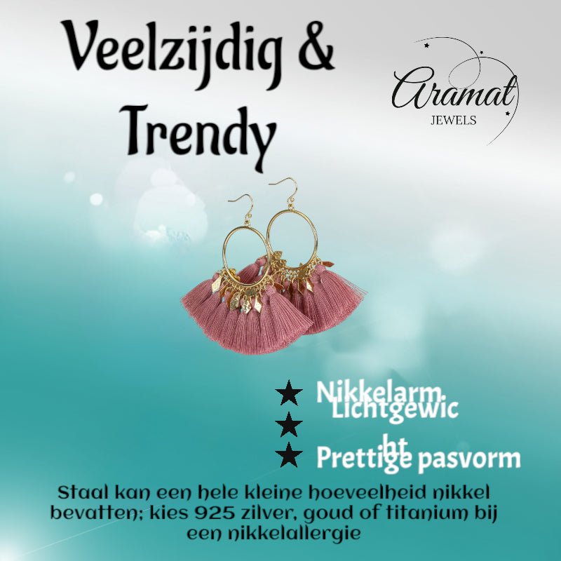 kwastjes Oorhangers met Ruitvormige Bedeltjes - Licht Roze -