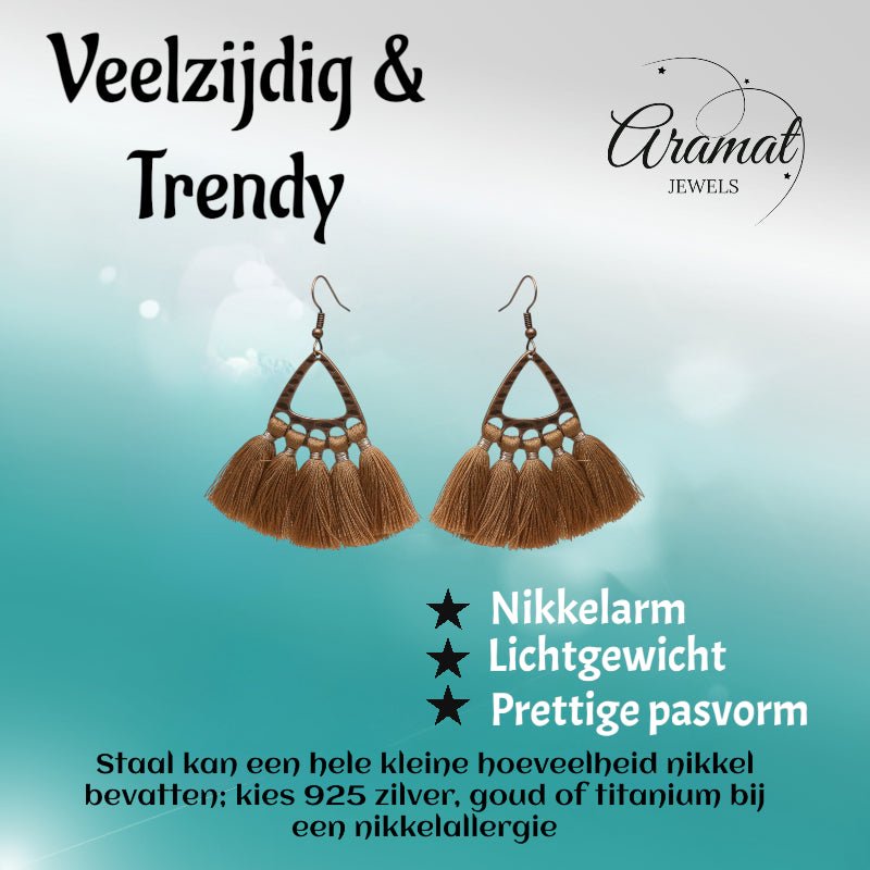 Boho Oorhangers met Kwastjes - 55x30mm - Bruin -