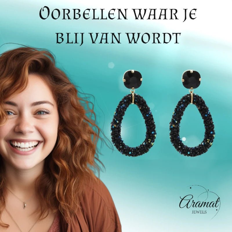 Elegante Druzy Oorbellen &acirc;&euro;&ldquo; Zwart &acirc;&euro;&ldquo; 58x30mm -