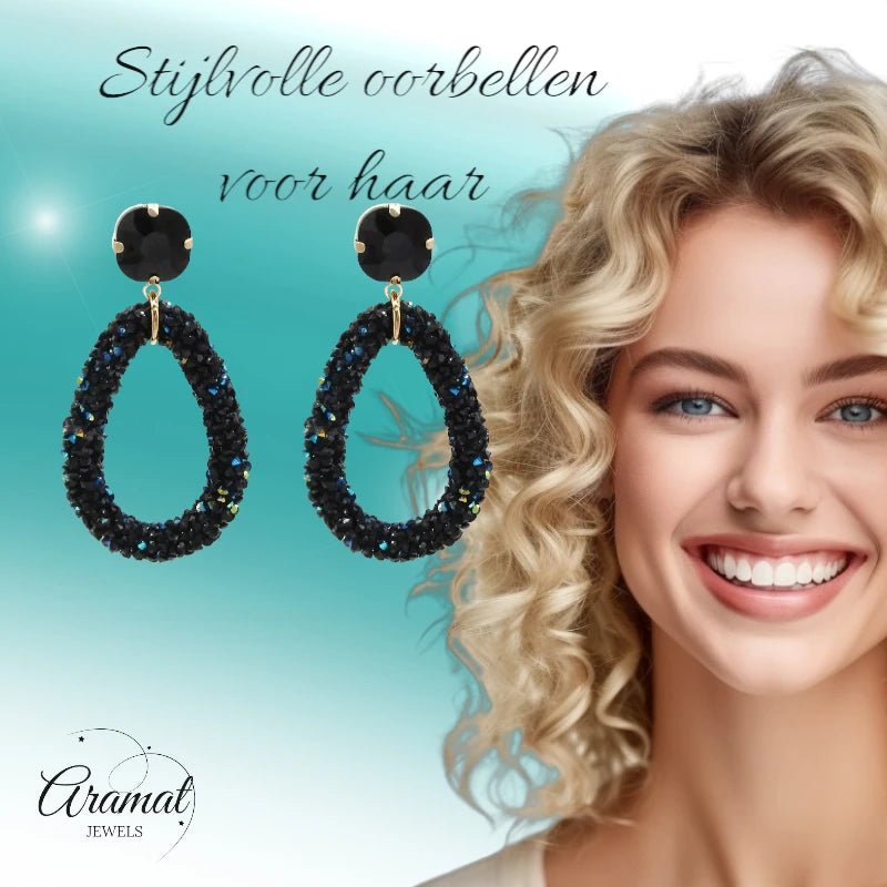 Elegante Druzy Oorbellen &acirc;&euro;&ldquo; Zwart &acirc;&euro;&ldquo; 58x30mm -