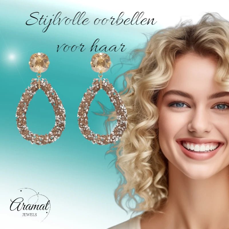 Elegante Druzy Oorbellen &acirc;&euro;&ldquo; Champagne &acirc;&euro;&ldquo; 58x30mm -